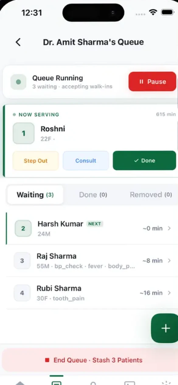 ClinicOS clinic management app queue screen